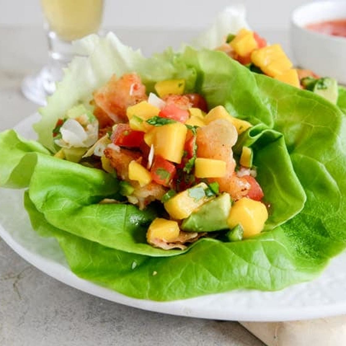 Beer Battered Shrimp Lettuce Wraps with Mango Avocado Salsa