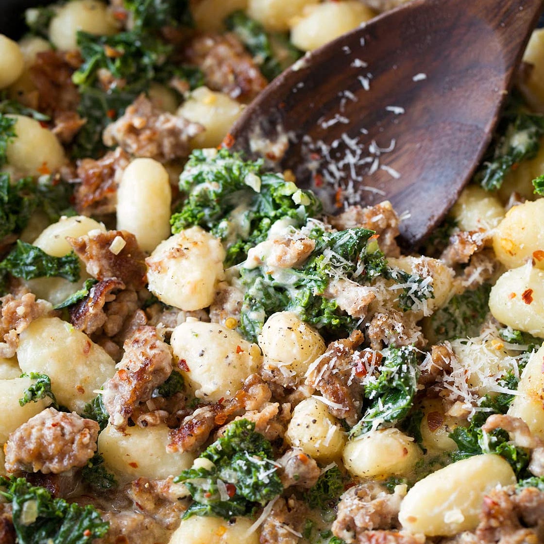 One Pan Creamy Gnocchi with Italian Sausage and Kale