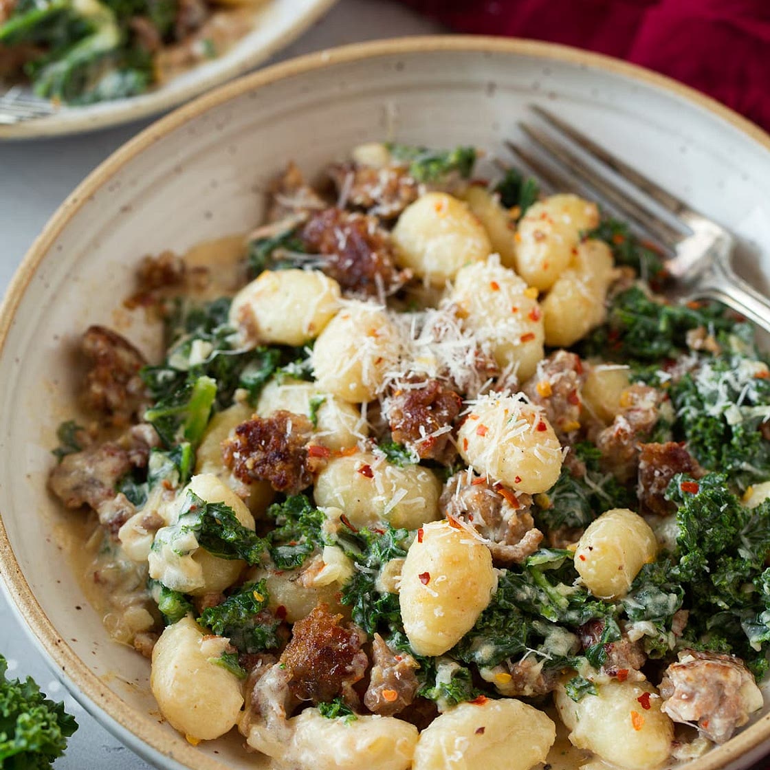 One Pan Creamy Gnocchi with Italian Sausage and Kale