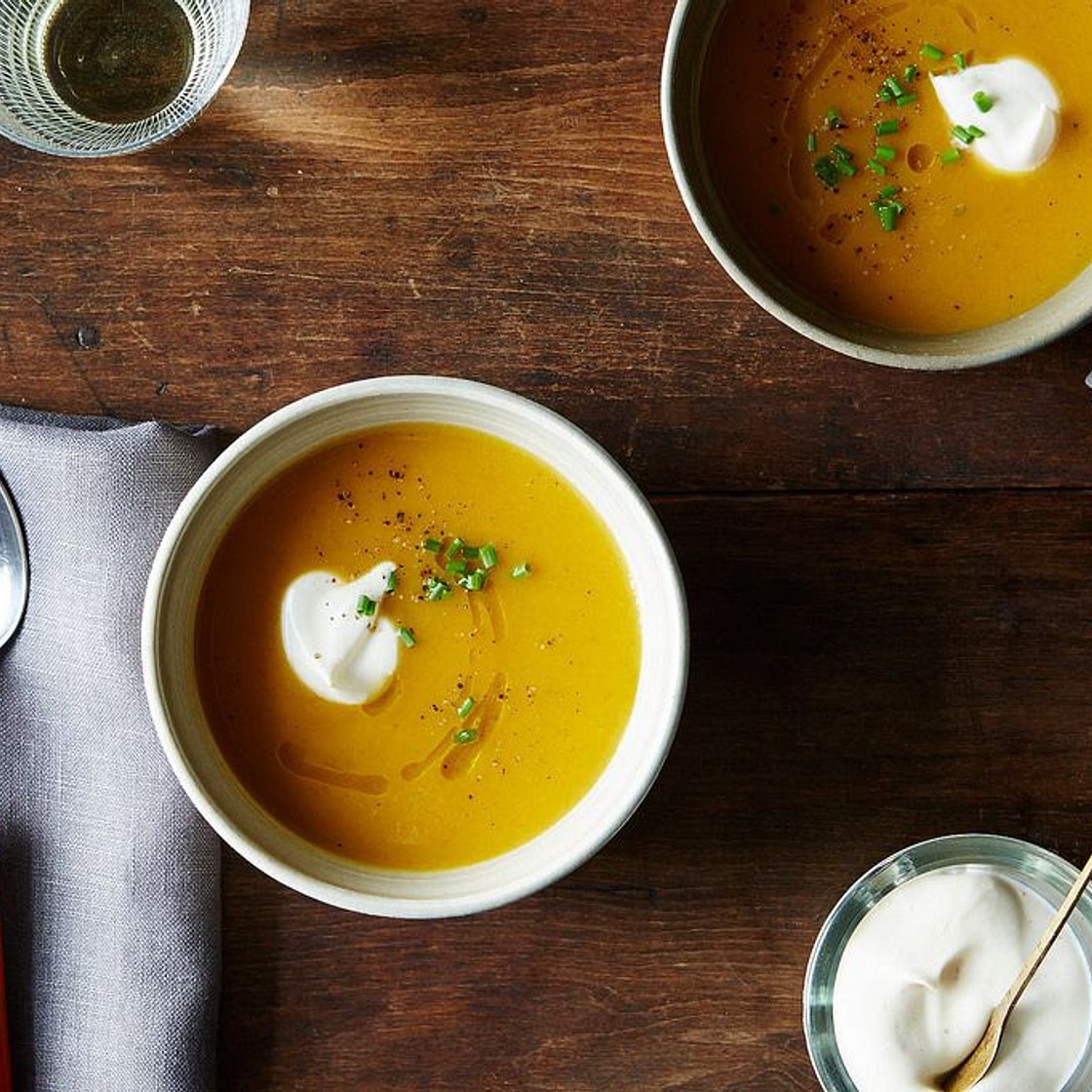 Thomas Keller's Butternut Soup with Brown Butter, Sage, and Nutmeg Crème Fraîche