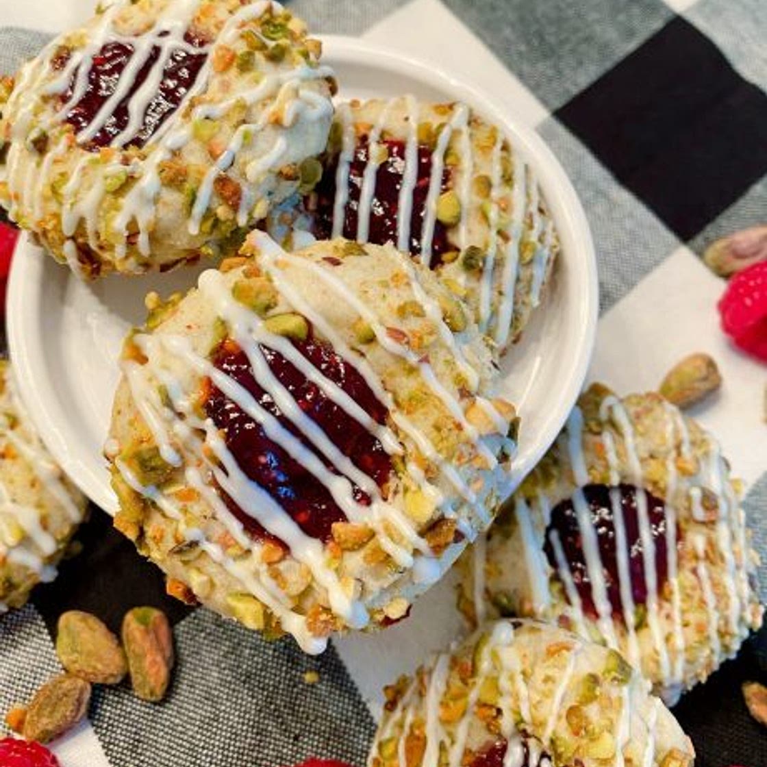 Raspberry Pistachio Thumbprint Cookies