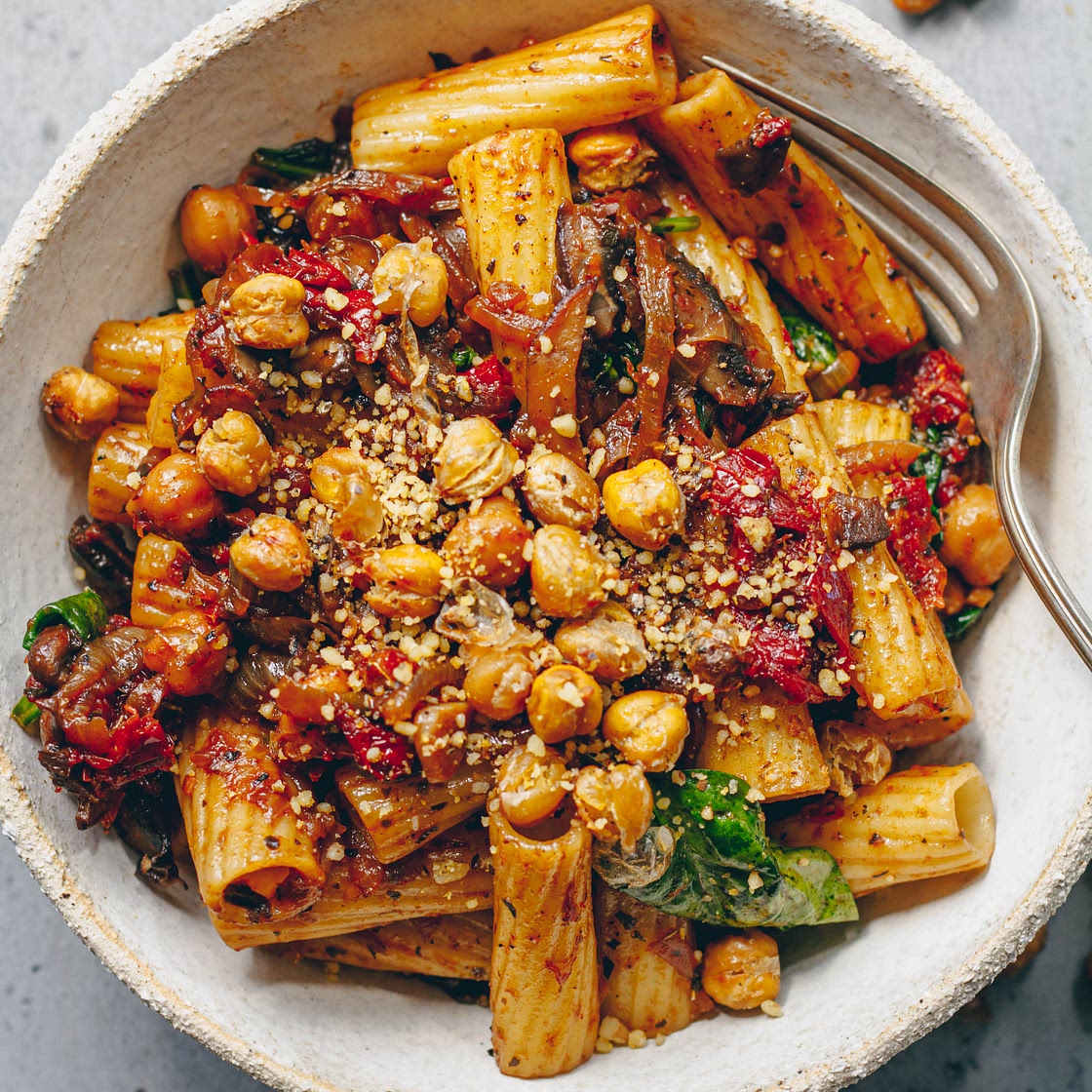 Rigatoni with Caramelized Onions, Mushrooms, & Crispy Chickpeas