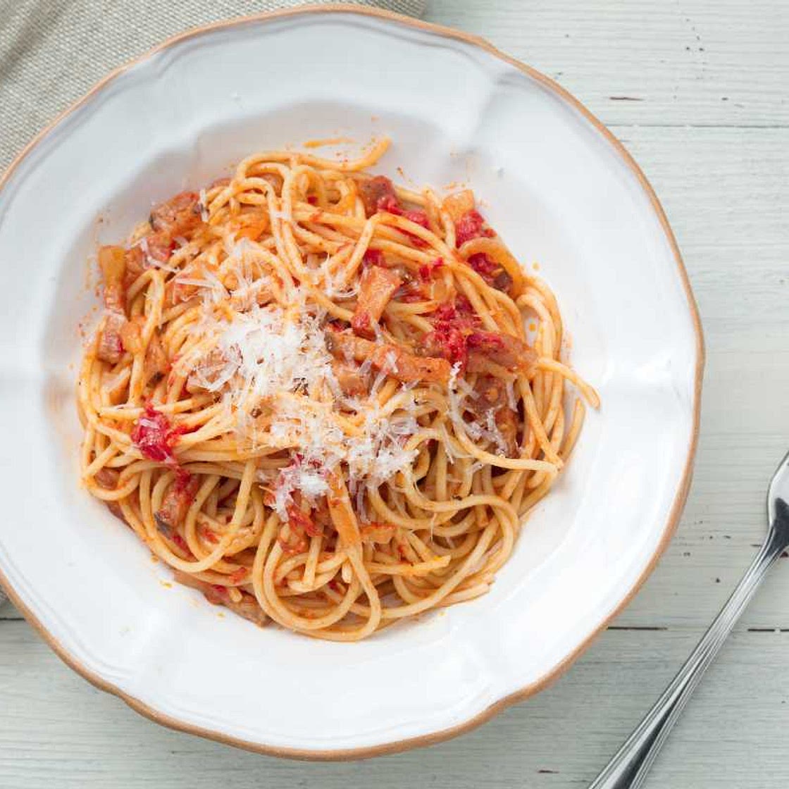 Spaghetti Amatriciana (Spaghetti with guanciale and tomato)