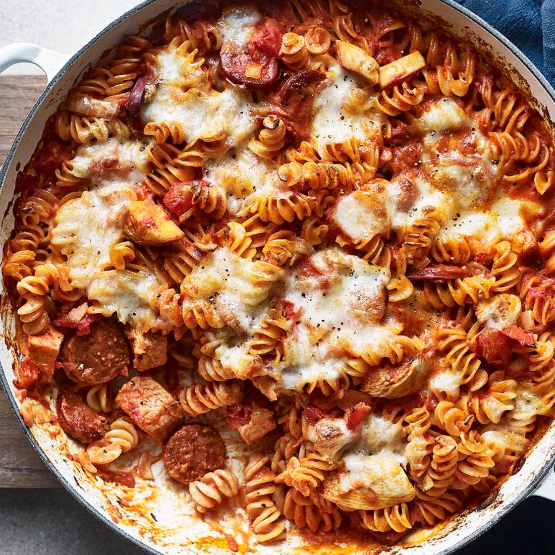 Easy chicken and chorizo pasta bake