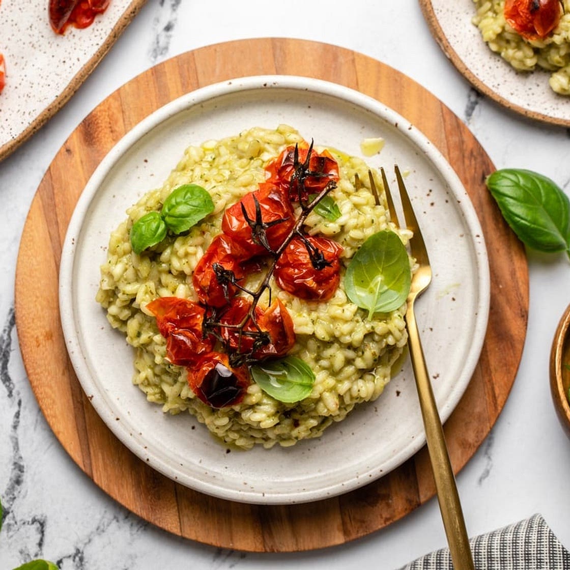 Vegan Pesto Risotto with Roasted Tomatoes