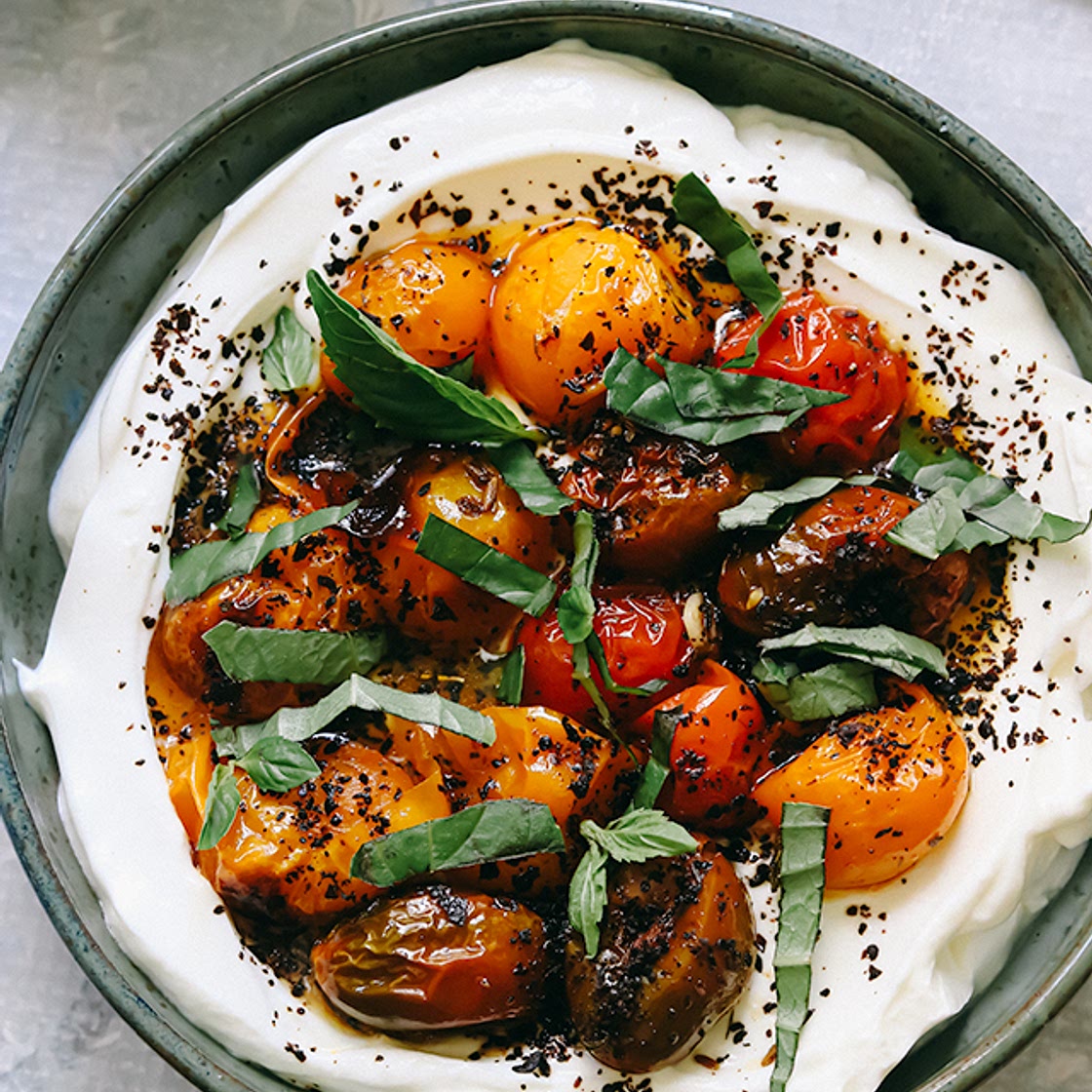 Charred Roasted Cherry Tomatoes with Cold Yogurt