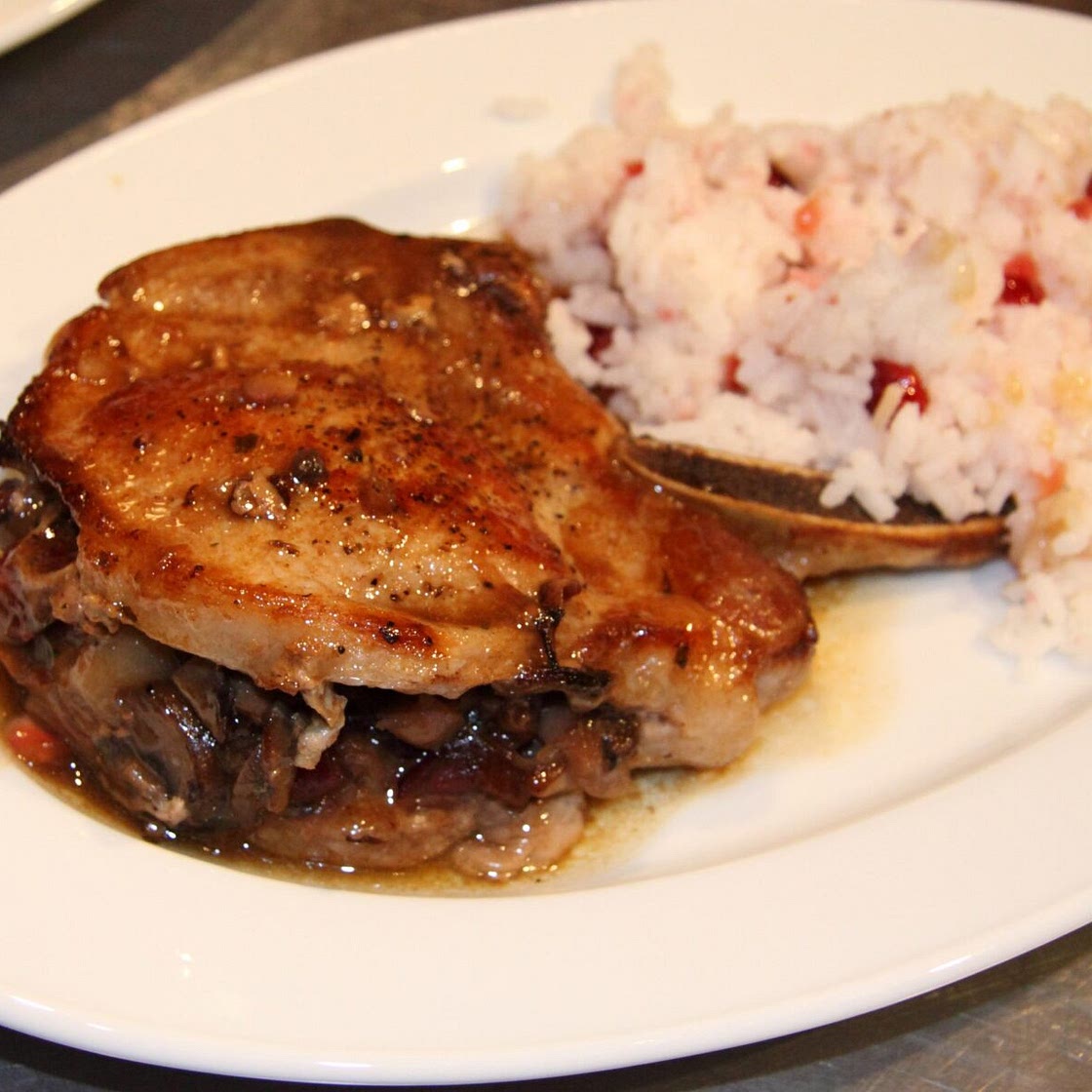 Pork Chops with Dried Cranberries, Mushrooms and Chestnut Stuffing