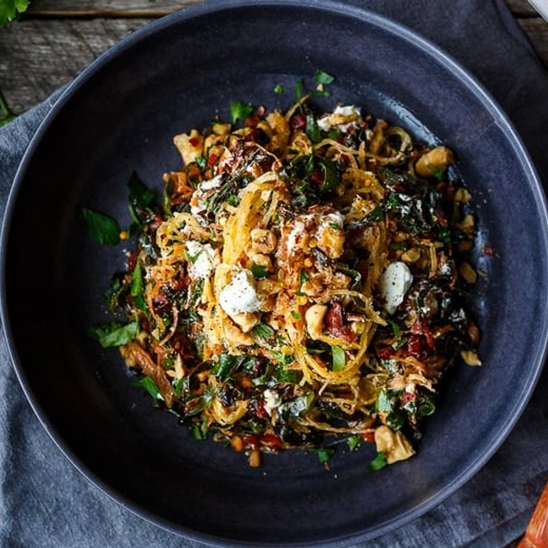 Spaghetti Squash with Chard, Walnuts and Chèvre