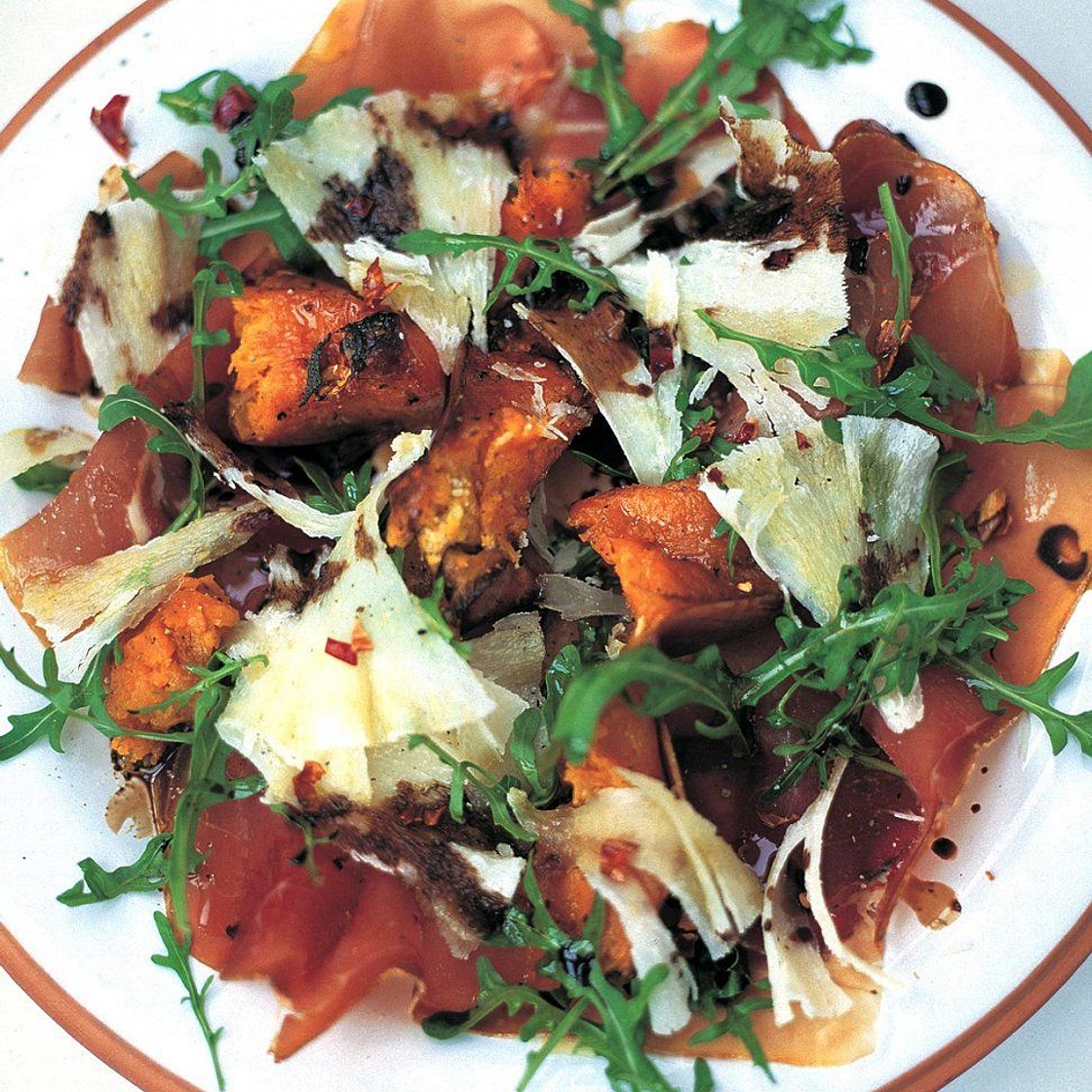 Warm salad of roasted squash, prosciutto and pecorino