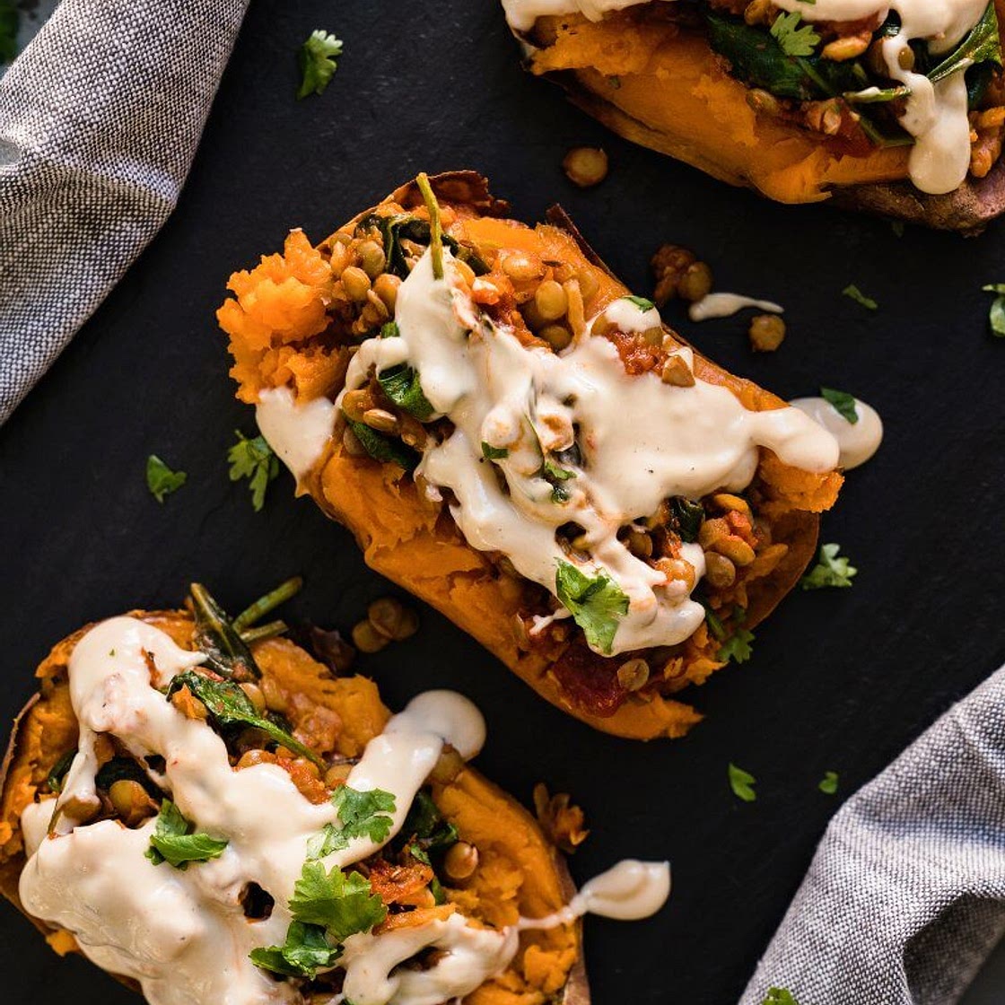 Healthy Baked Sweet Potato with Moroccan Lentils