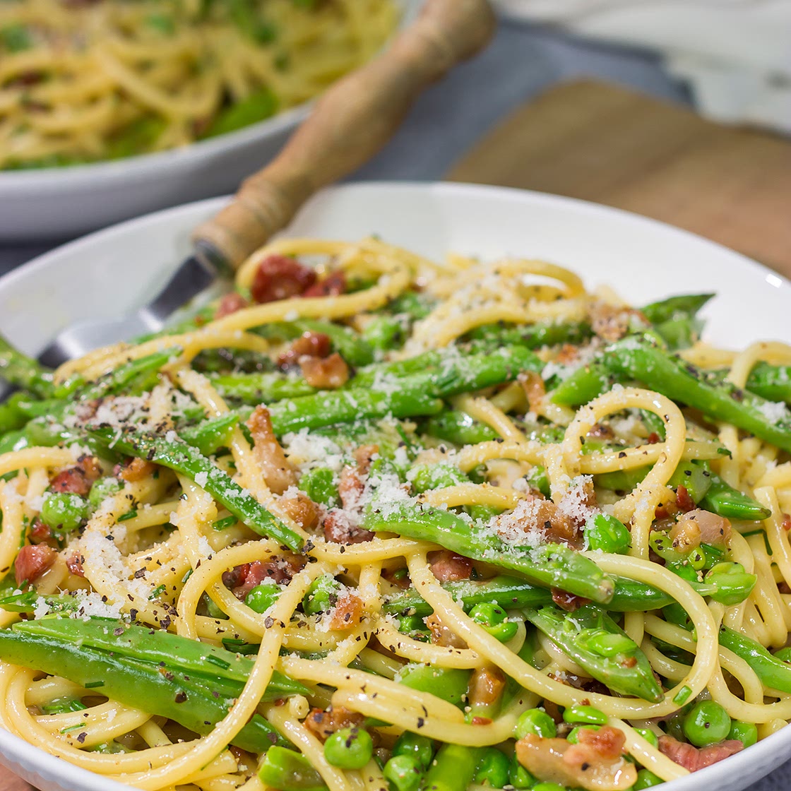 Spaghetti Carbonara with Spring Vegetables