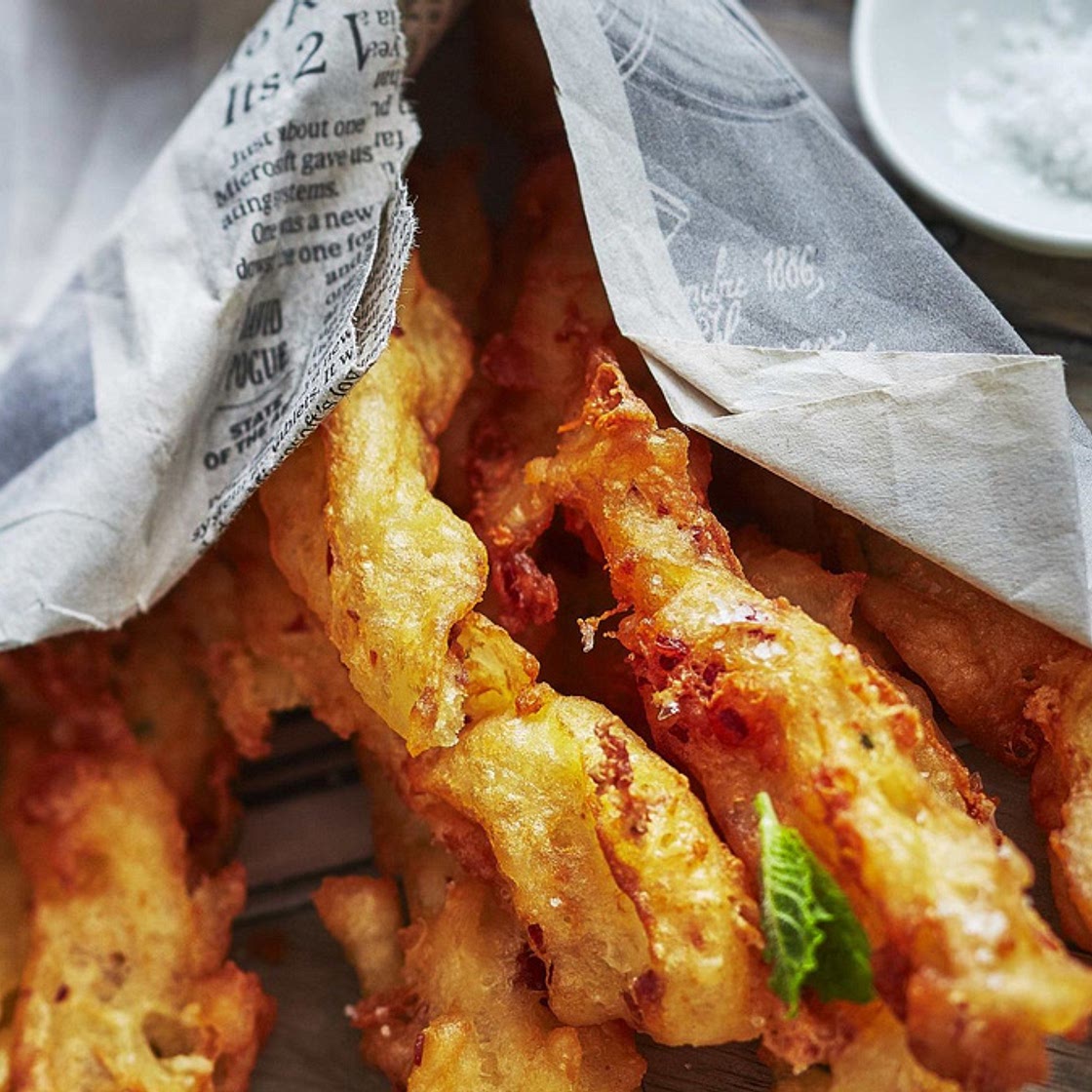 Churros de pommes de terre, menthe et chorizo