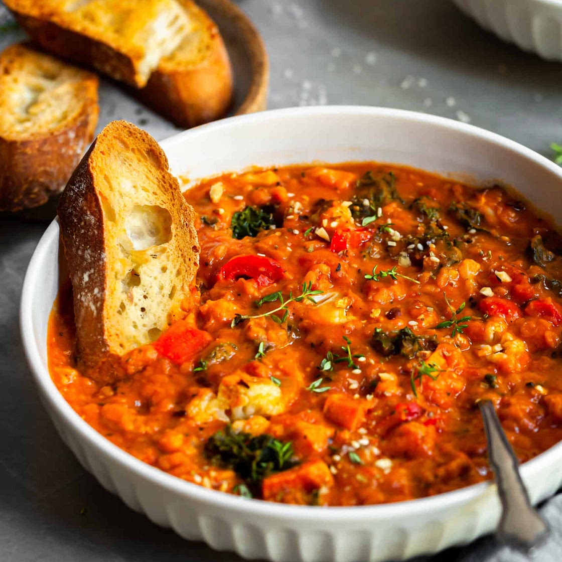Roasted Garlic Vegetable Stew with Red Lentils and Tomatoes