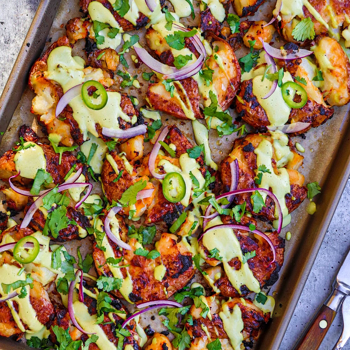 Crispy Smashed Sheet Pan Potatoes with Jalapeño Cilantro Aioli