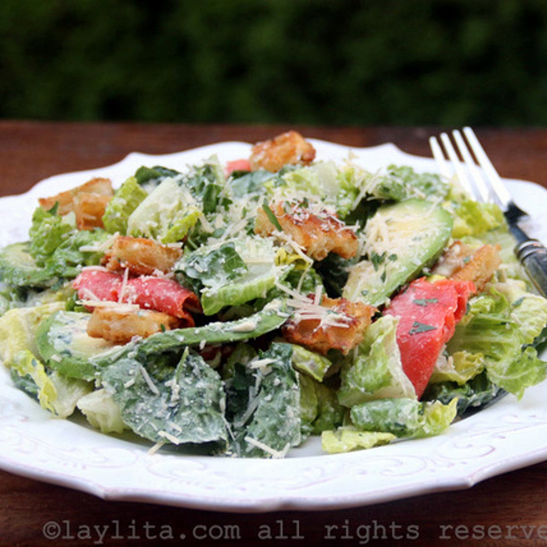 Caesar salad with smoked salmon and avocado