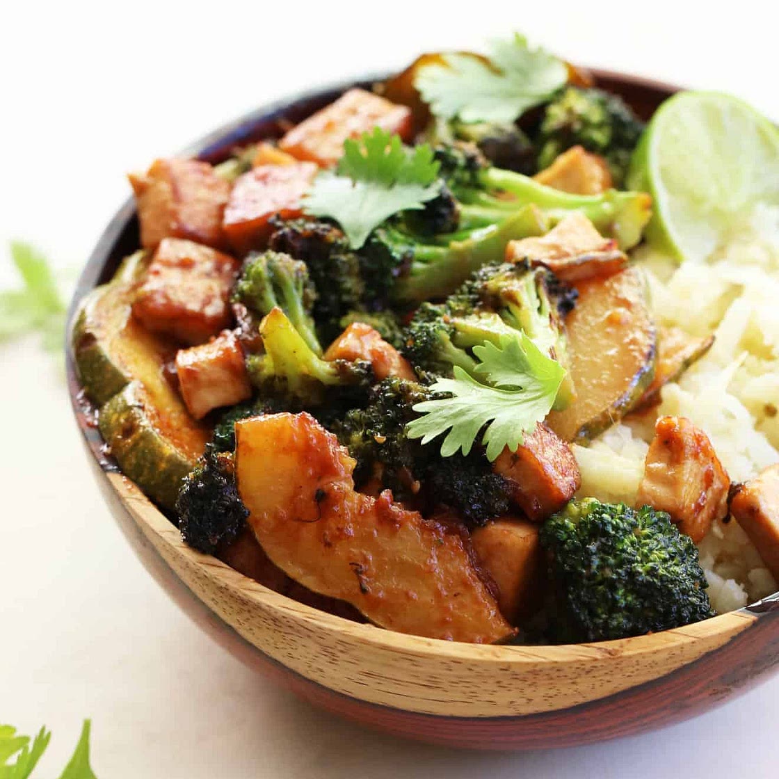 Spicy Peanut Tofu Broccoli + Squash Bowl