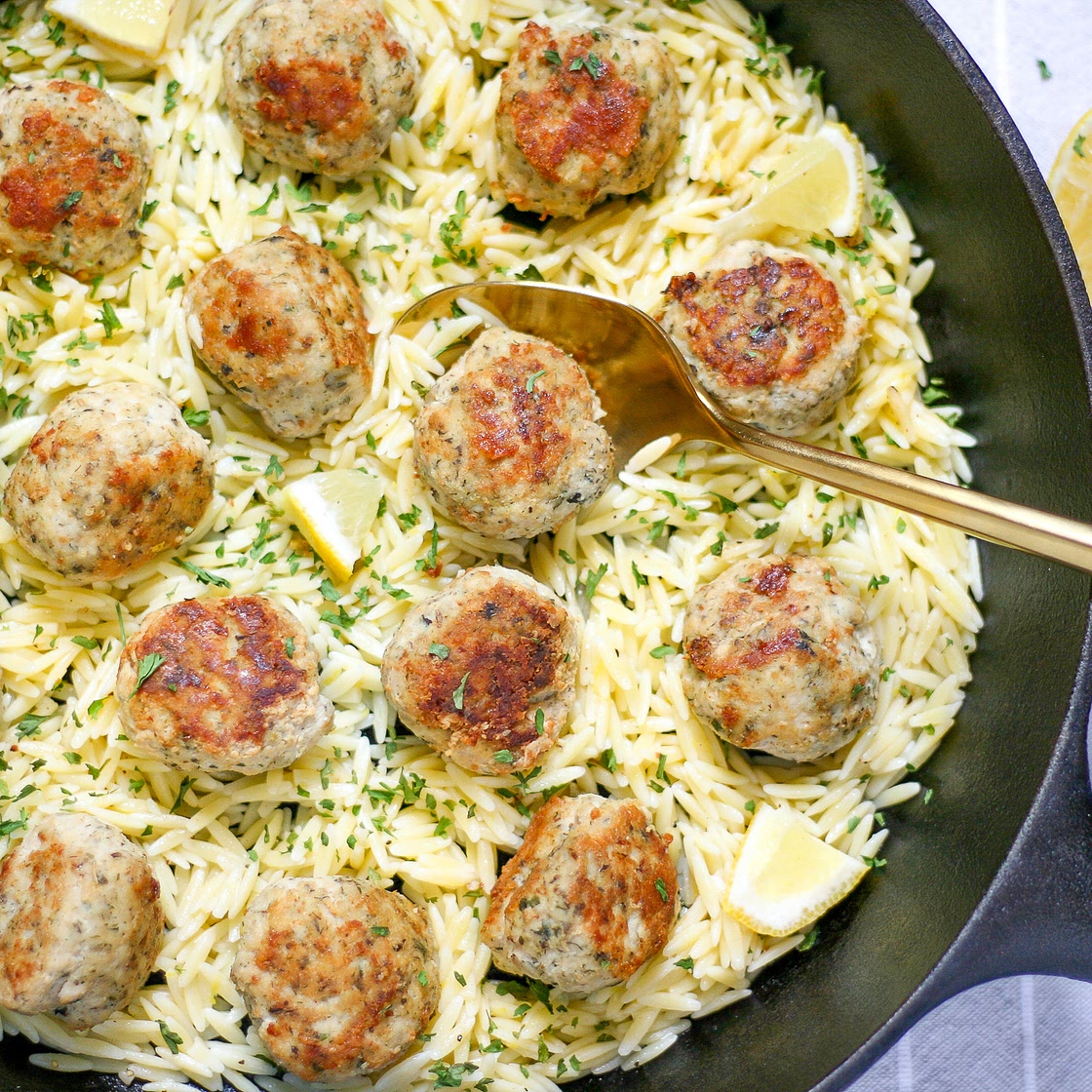 Easy Greek Chicken Meatballs with Lemon Orzo