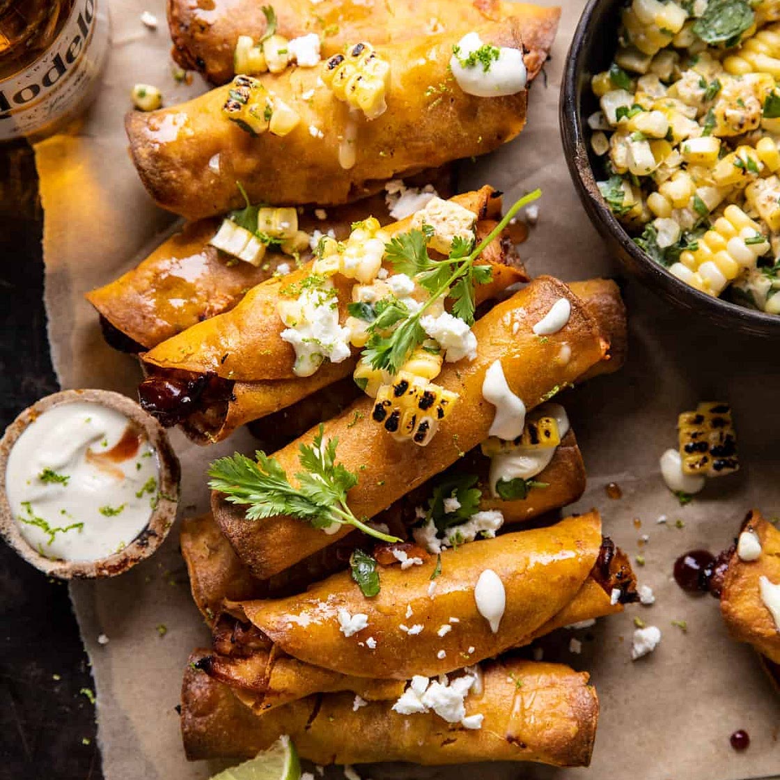 Crockpot BBQ Beer Chicken Taquitos with Street Corn Salsa