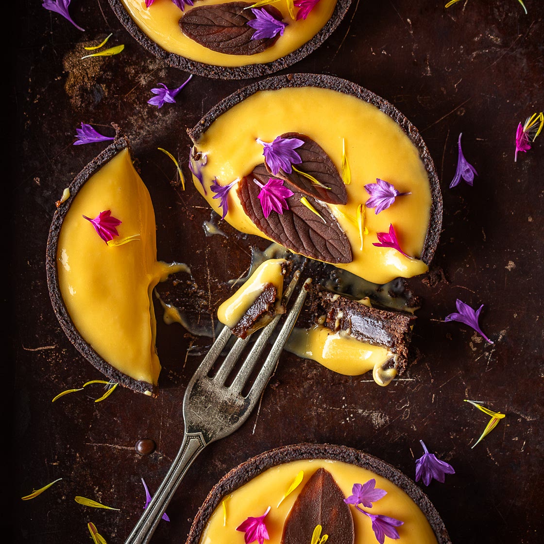 Chocolate Passion Fruit Tarts (Chocolate Pastry, Milk Chocolate Ganache, Passion Fruit Curd, Milk Chocolate Leaves)