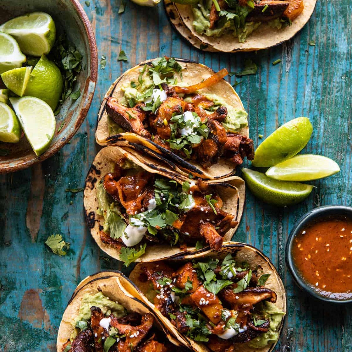 Mushroom Al Pastor Tacos with Garlic Lime Special Sauce