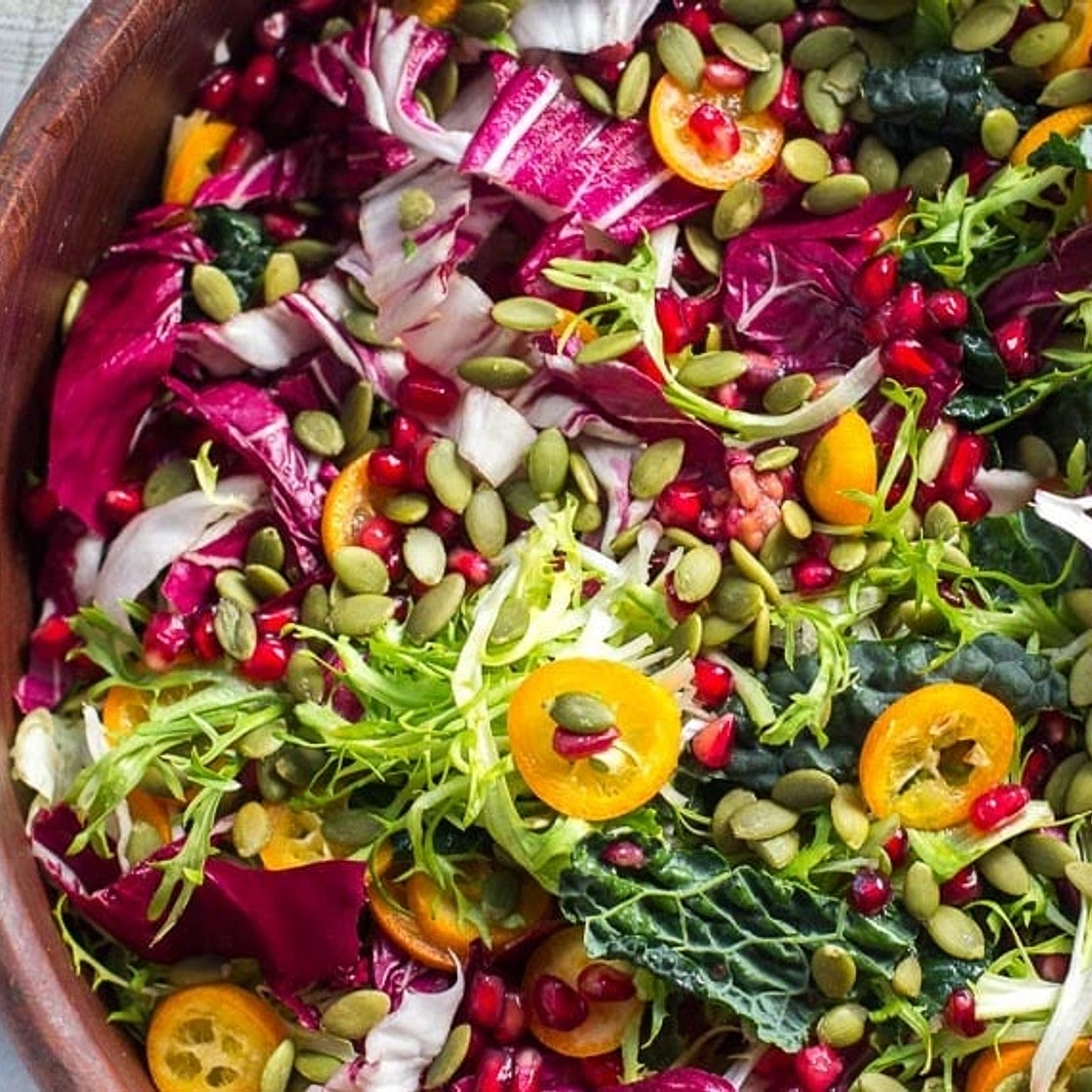 Low FODMAP Greens with Kumquats & Pomegranate