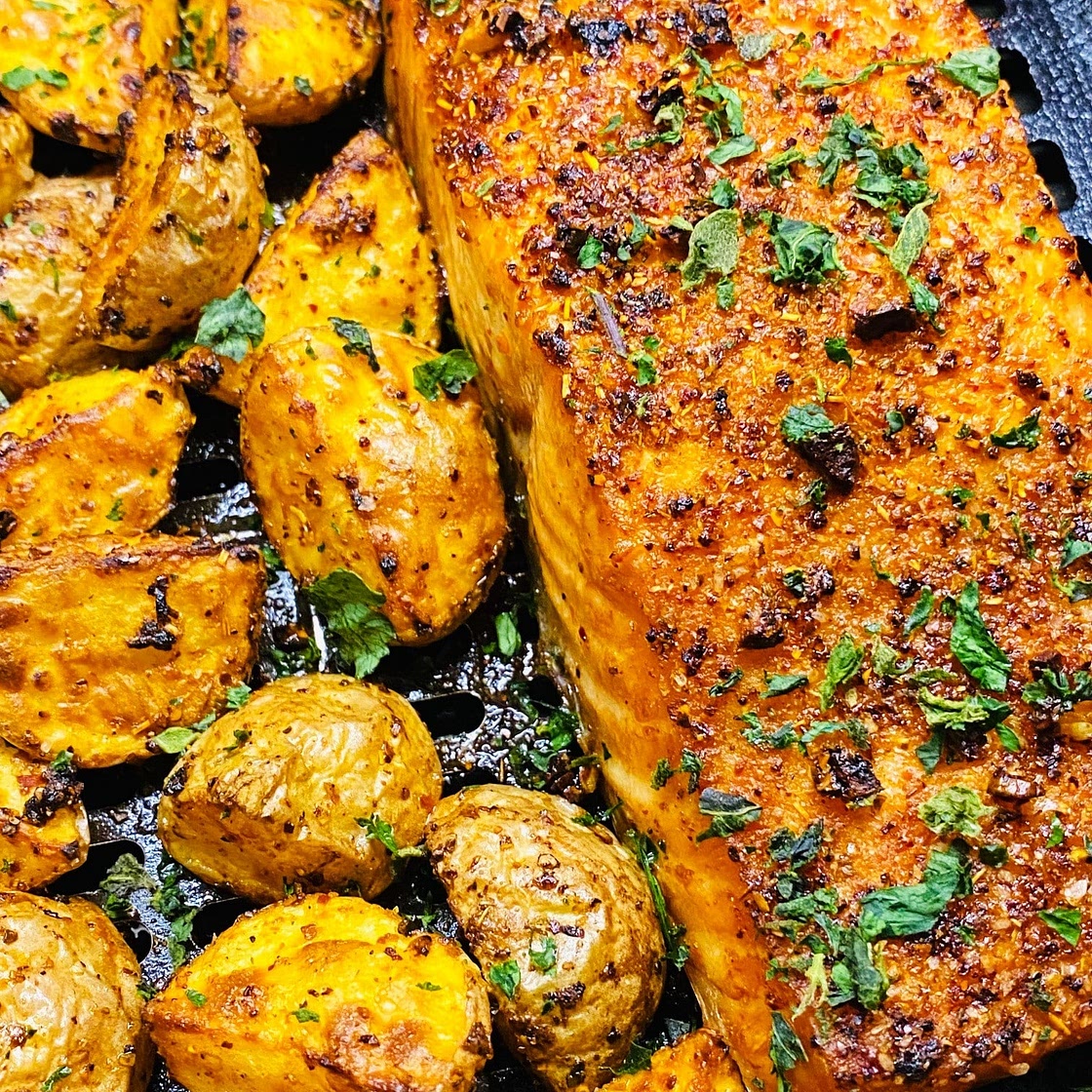 Air Fryer BBQ Salmon and Potatoes