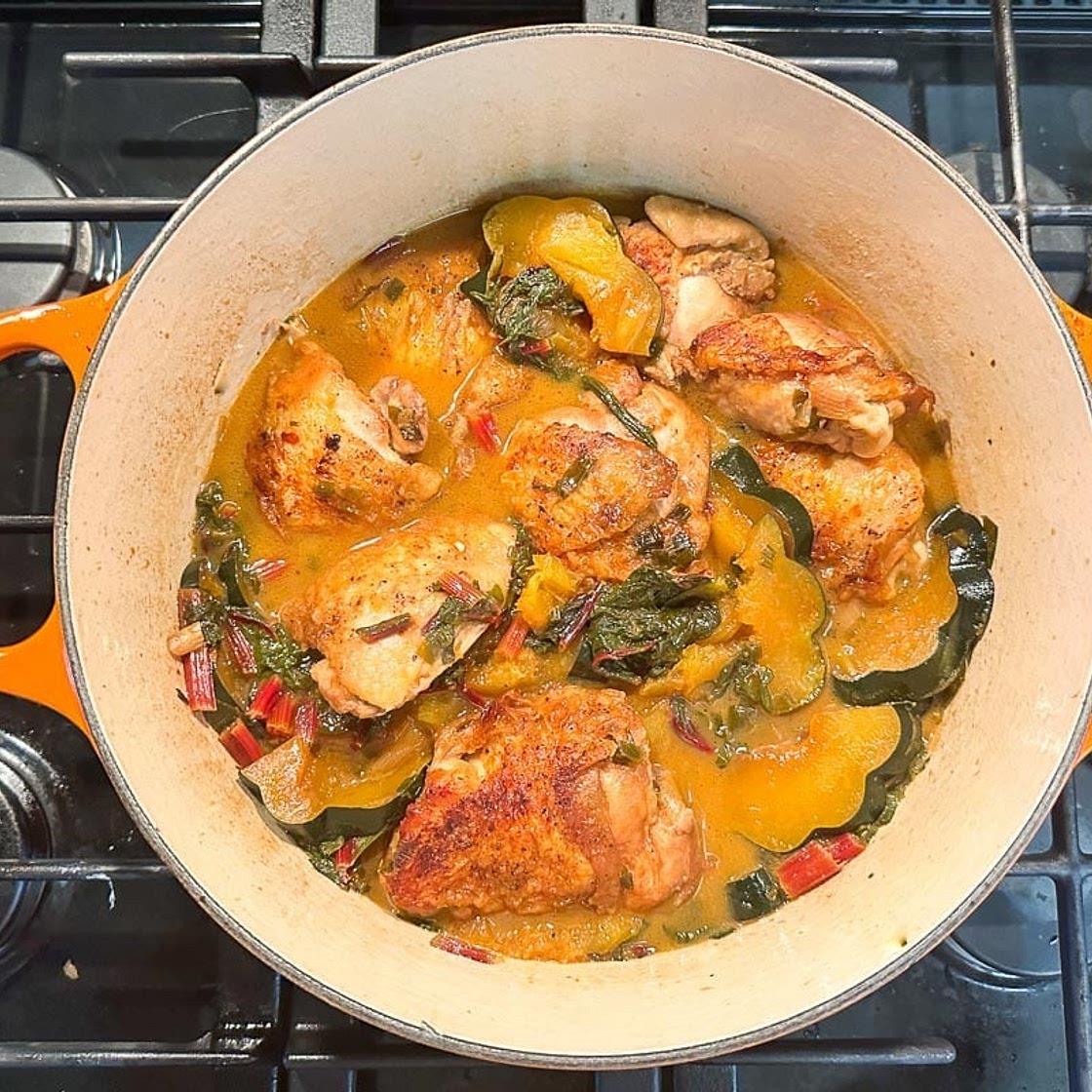 One-Pot Low FODMAP Braised Chicken with Swiss Chard and Acorn Squash