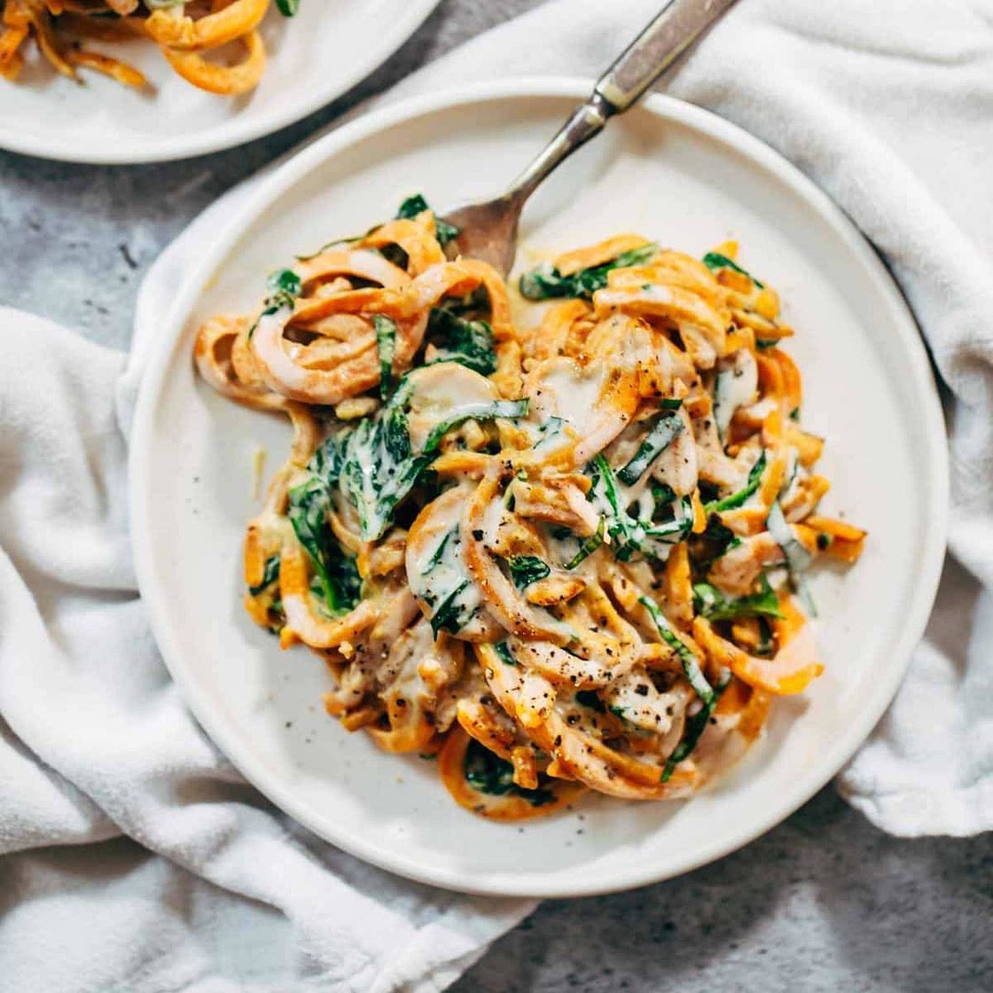 Creamy Spinach Sweet Potato Noodles with Cashew Sauce