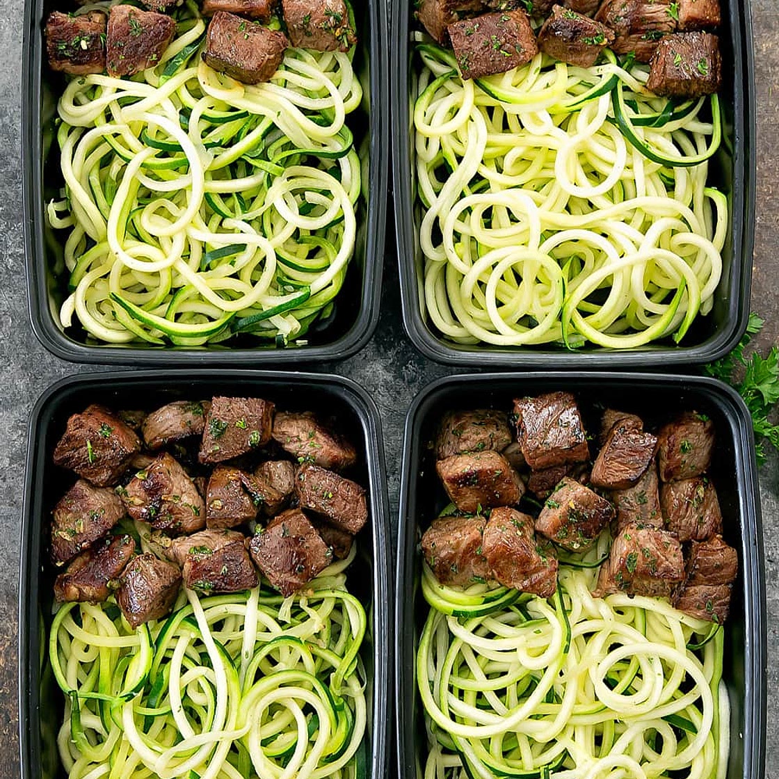 Garlic Butter Steak Bites with Zucchini Noodles Meal Prep