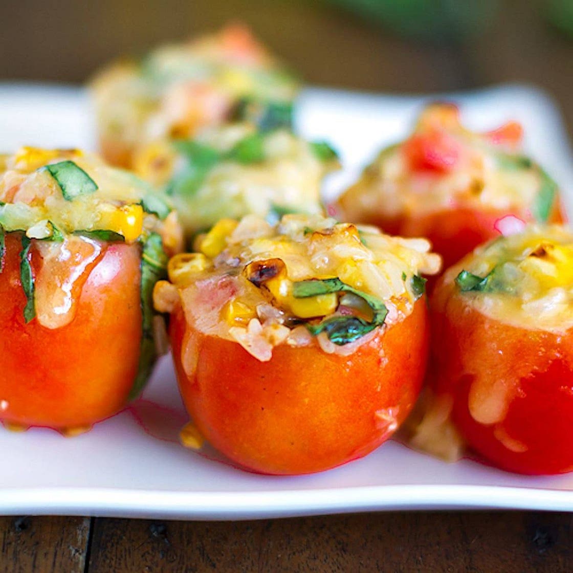 Roasted Corn and Basil Stuffed Tomatoes