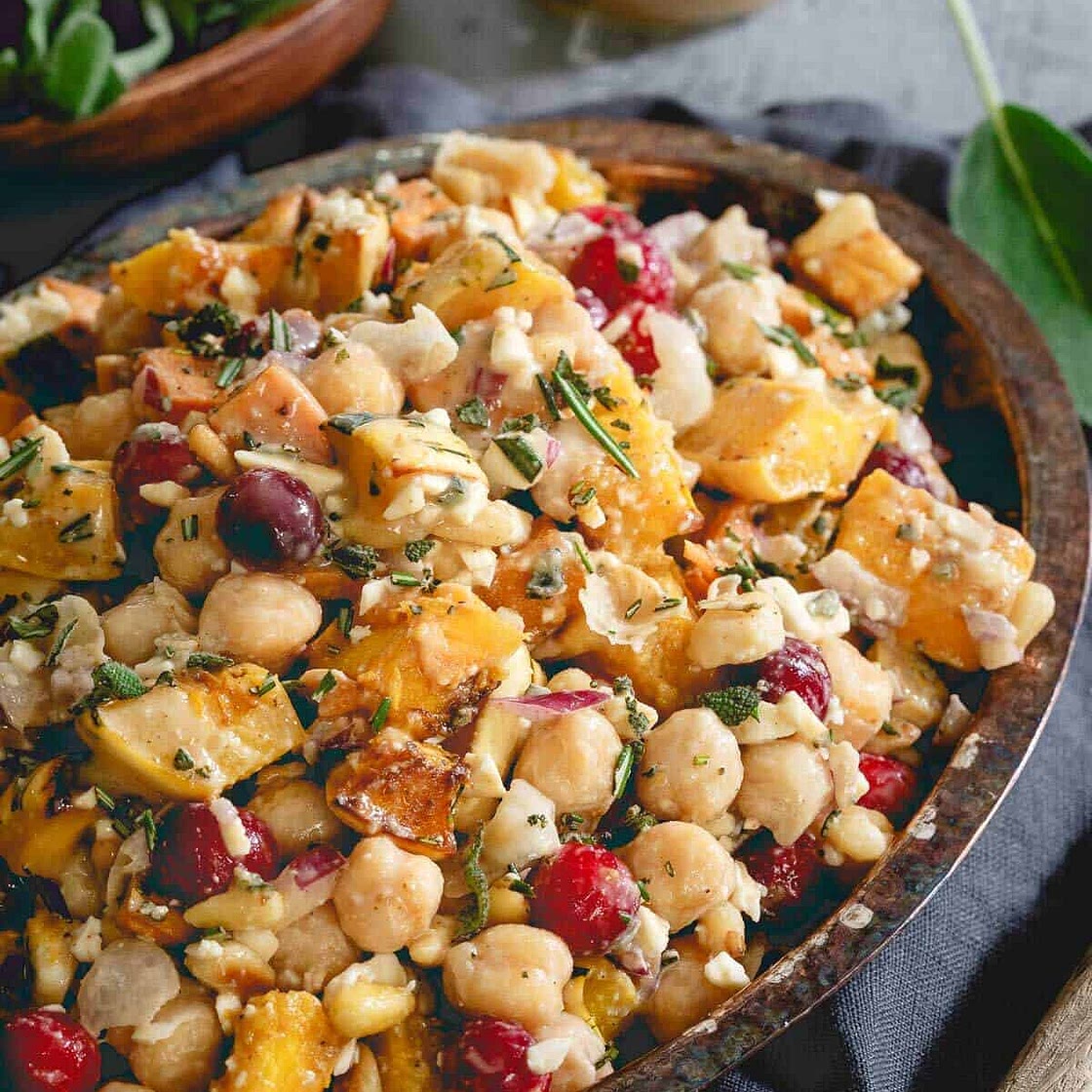 Roasted Sweet Potato, Squash and Chickpea Fall Salad with Maple Tahini Dressing