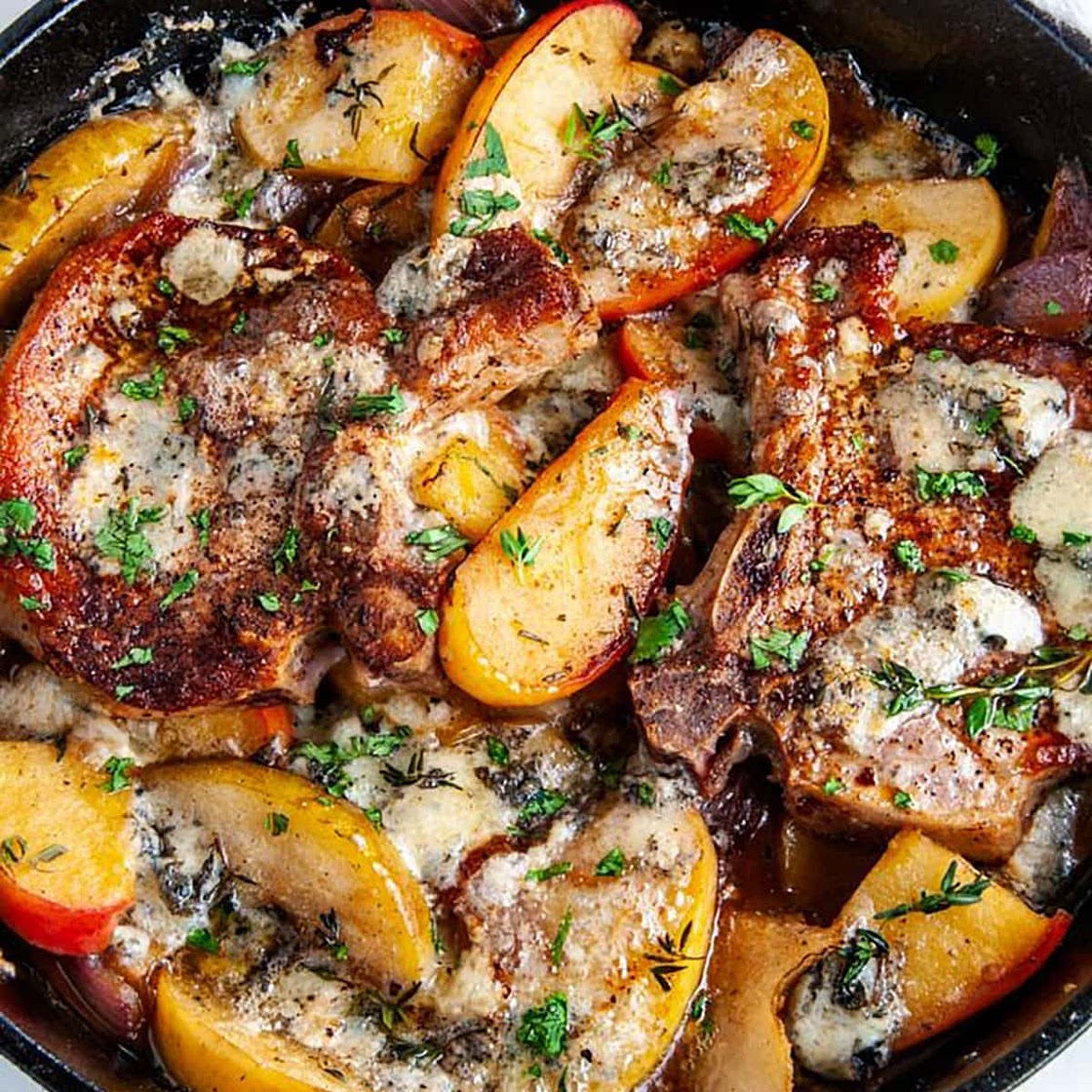 Skillet Blue Cheese Pork Chops with Apples and Pears