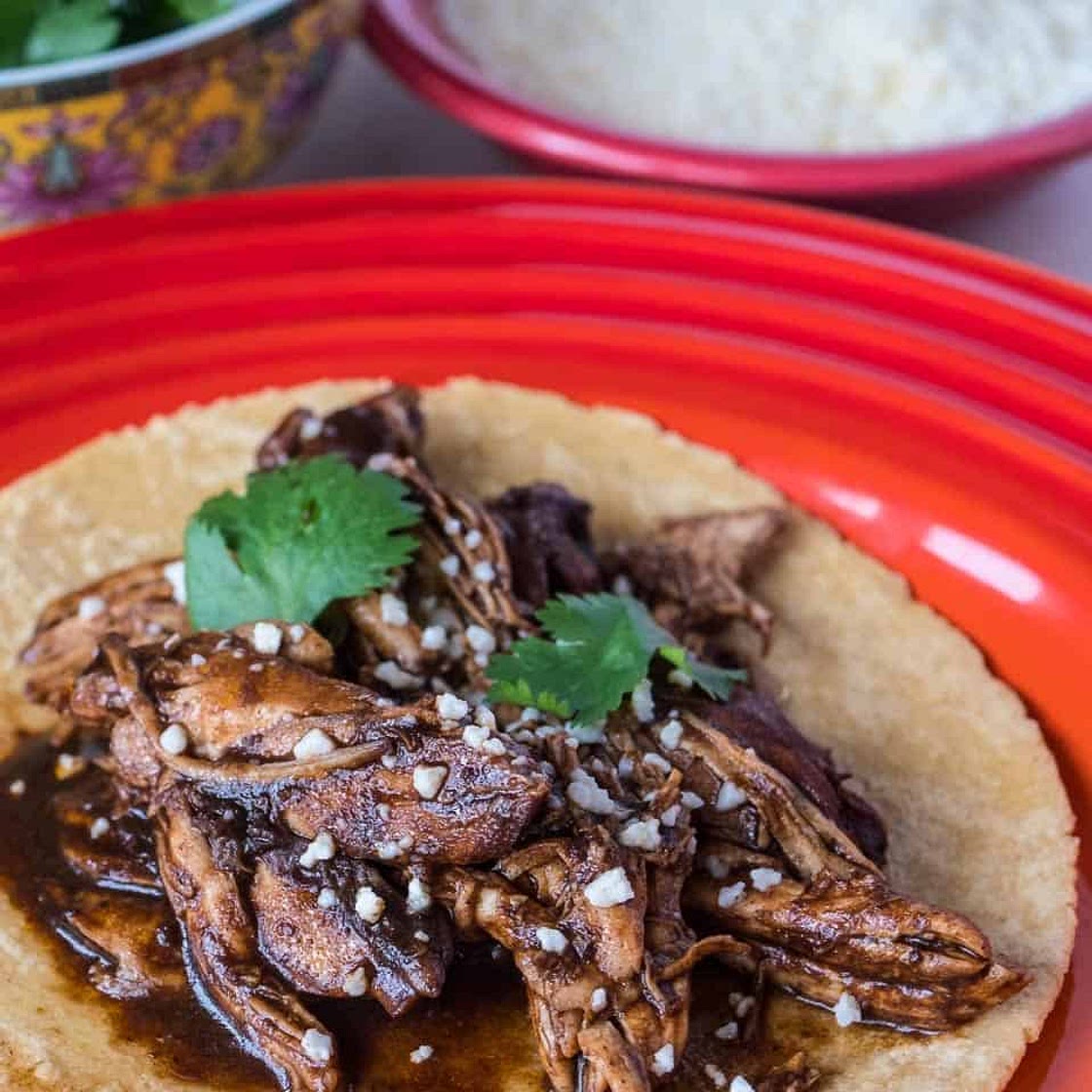 Pressure Cooker Shredded Chicken in Black Mole Sauce
