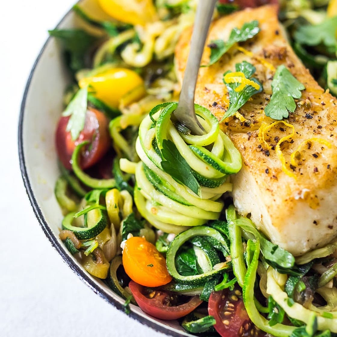 Lemony Zucchini Noodless with Halibut