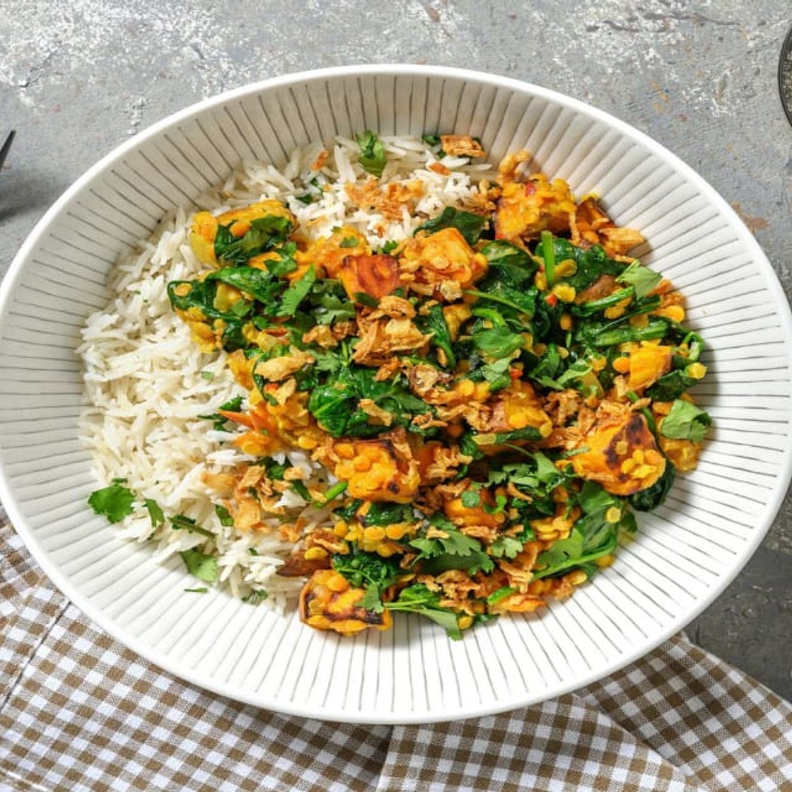 Red Lentil and Sweet Potato Curry with Spinach and Basmati Rice