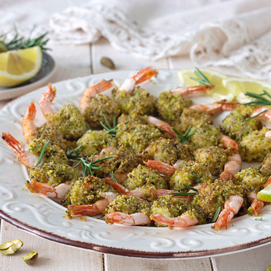 Gamberi al forno in crosta di pistacchi