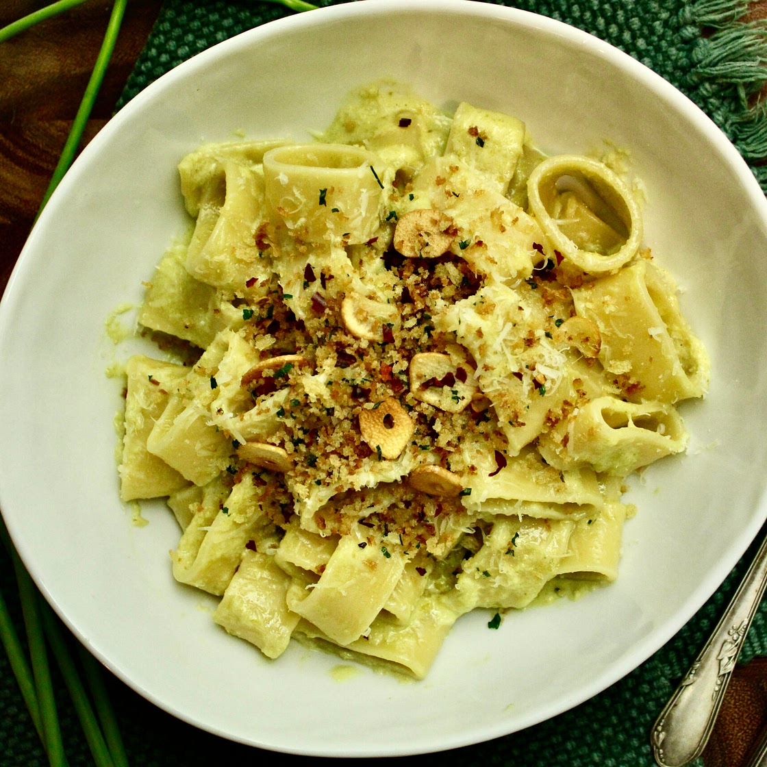 Garlic Scape Pasta with Parmesan Cream Sauce