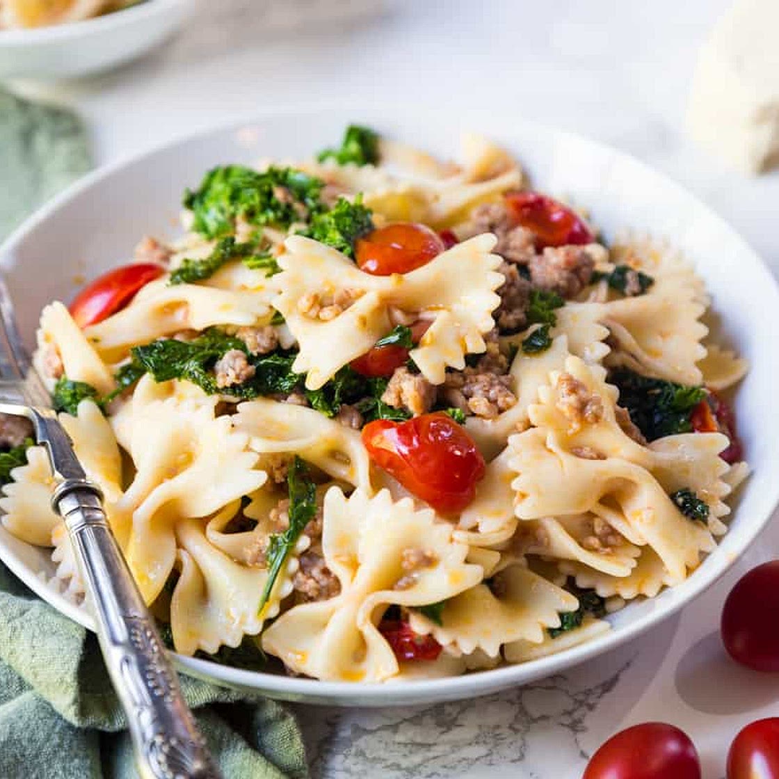 Farfalle with Sausage, Kale and Tomatoes
