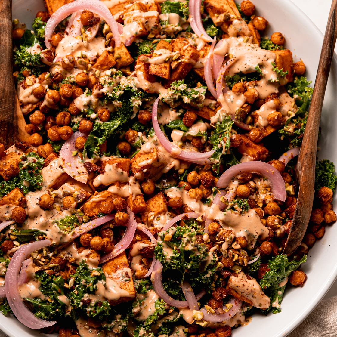 Kale Sweet Potato Salad with Crispy Chickpeas, Pickled Red Onion & Spicy Tahini Ranch