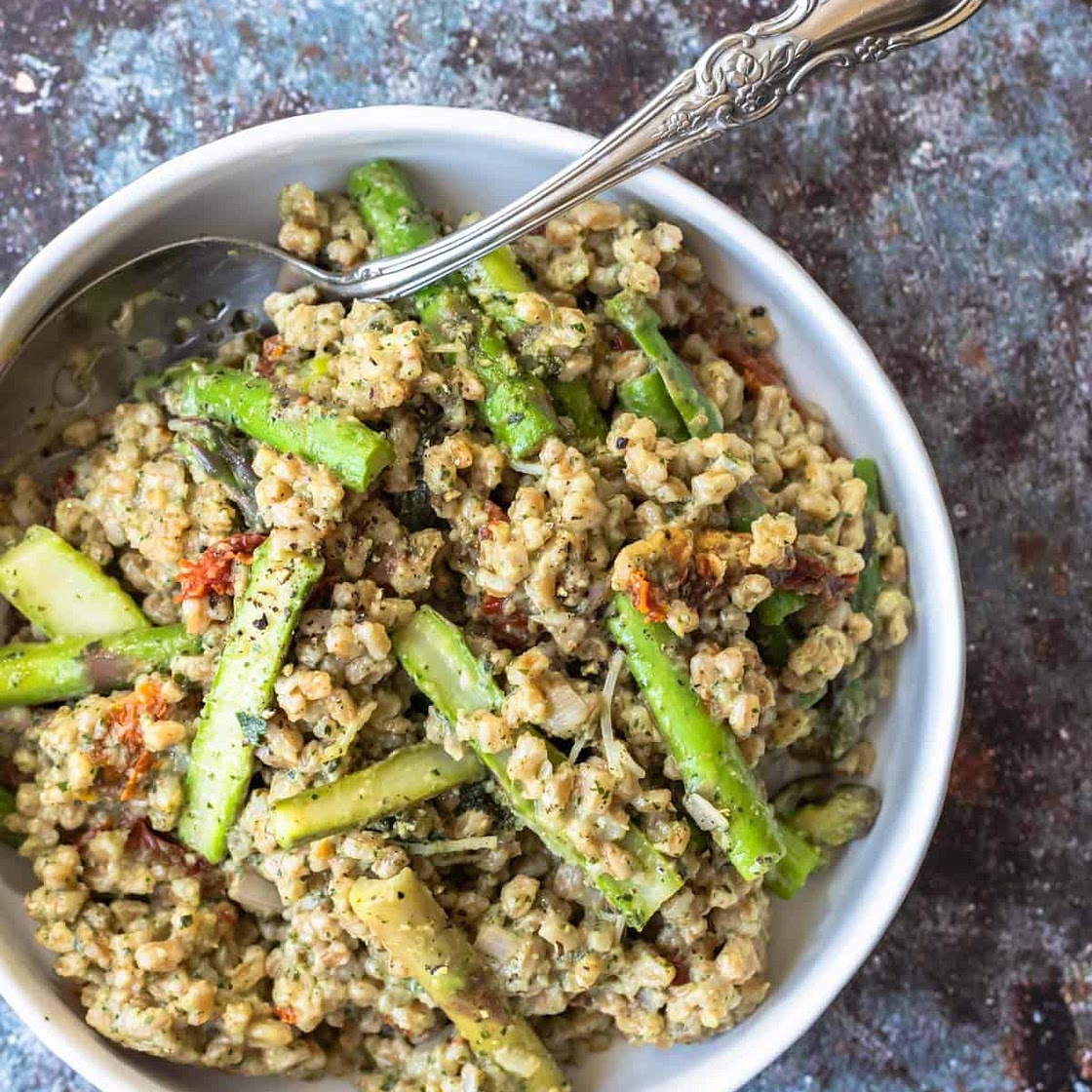 Baked Farrotto with Basil-Walnut Pesto
