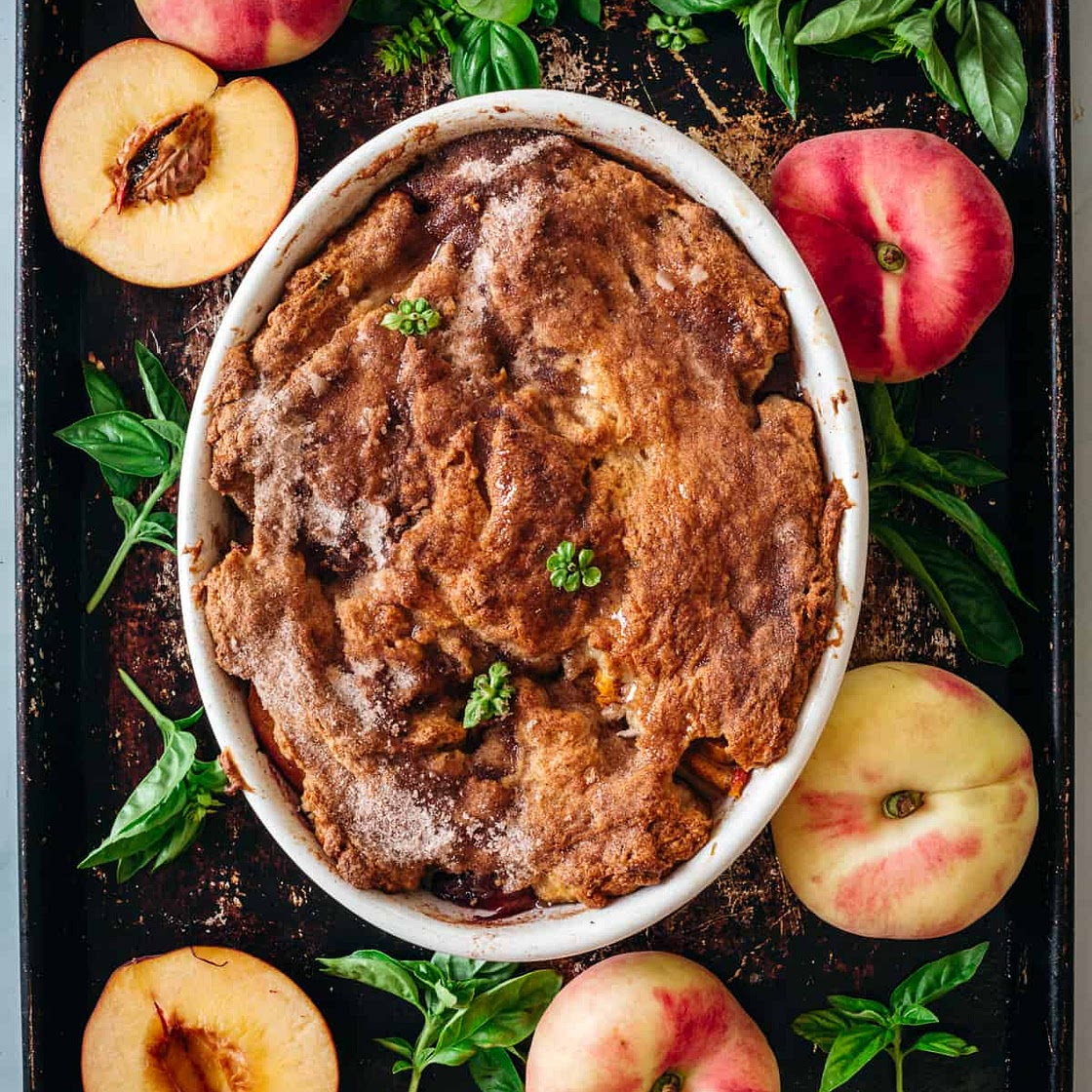 Gluten free peach cobbler with basil