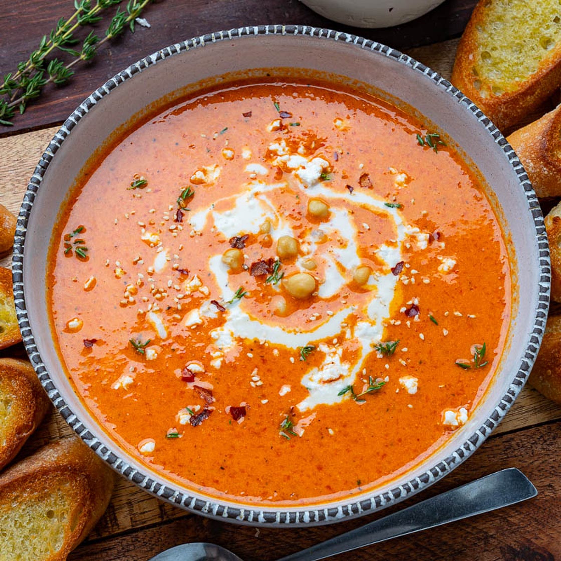 Creamy Roasted Red Pepper Chickpea Soup with Tahini and Feta