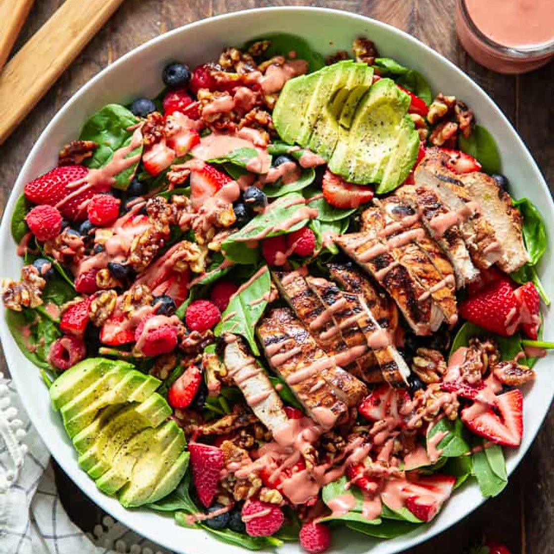 Triple berry avocado grilled chicken salad