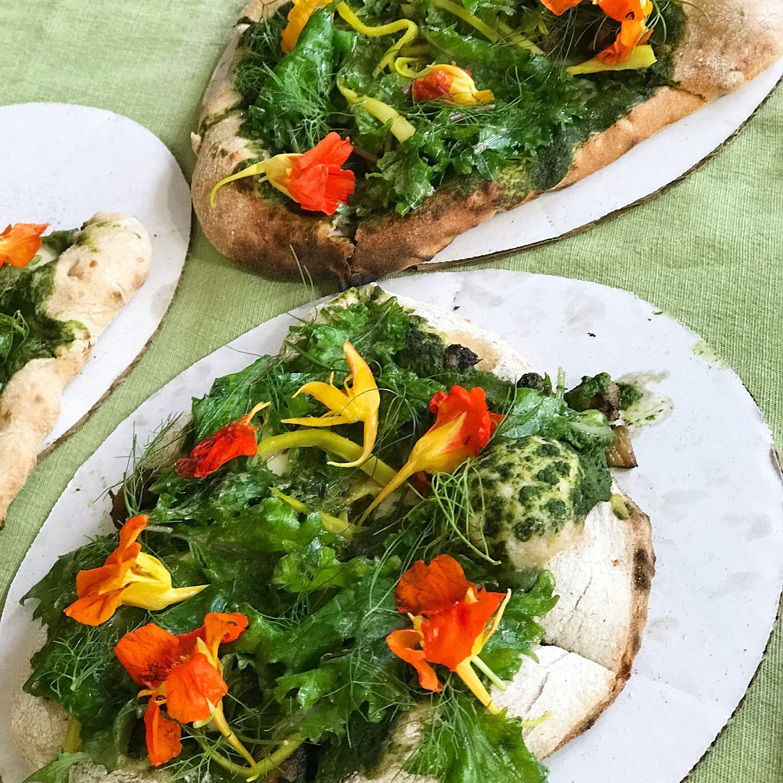 Pesto Pizza with Edible Flowers