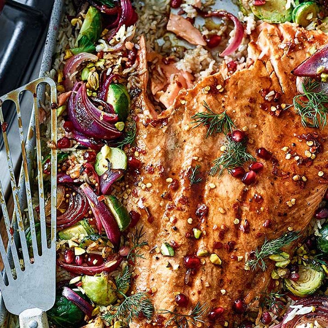 Spiced salmon and sprout traybake