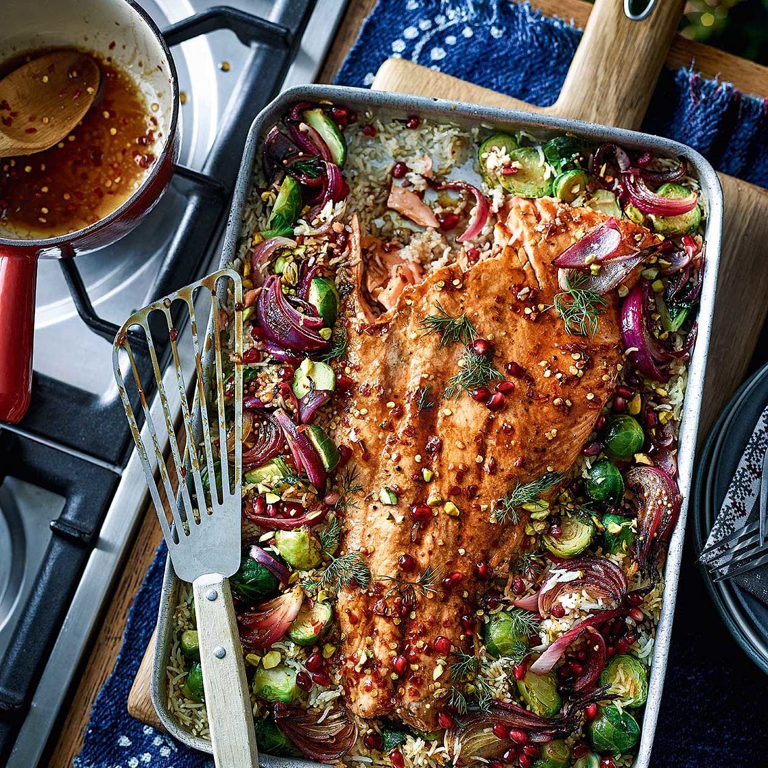 Spiced salmon and sprout traybake