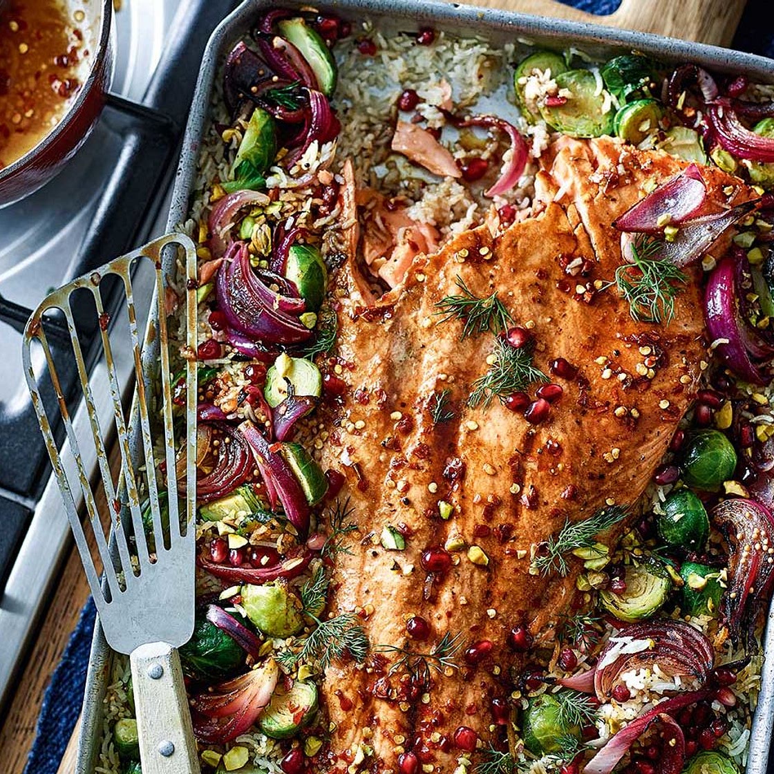 Spiced salmon and sprout traybake