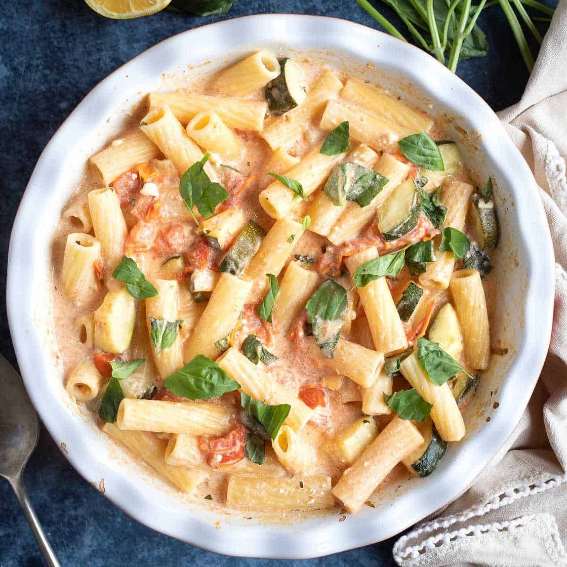 Baked Feta Pasta with Tomatoes and Courgettes