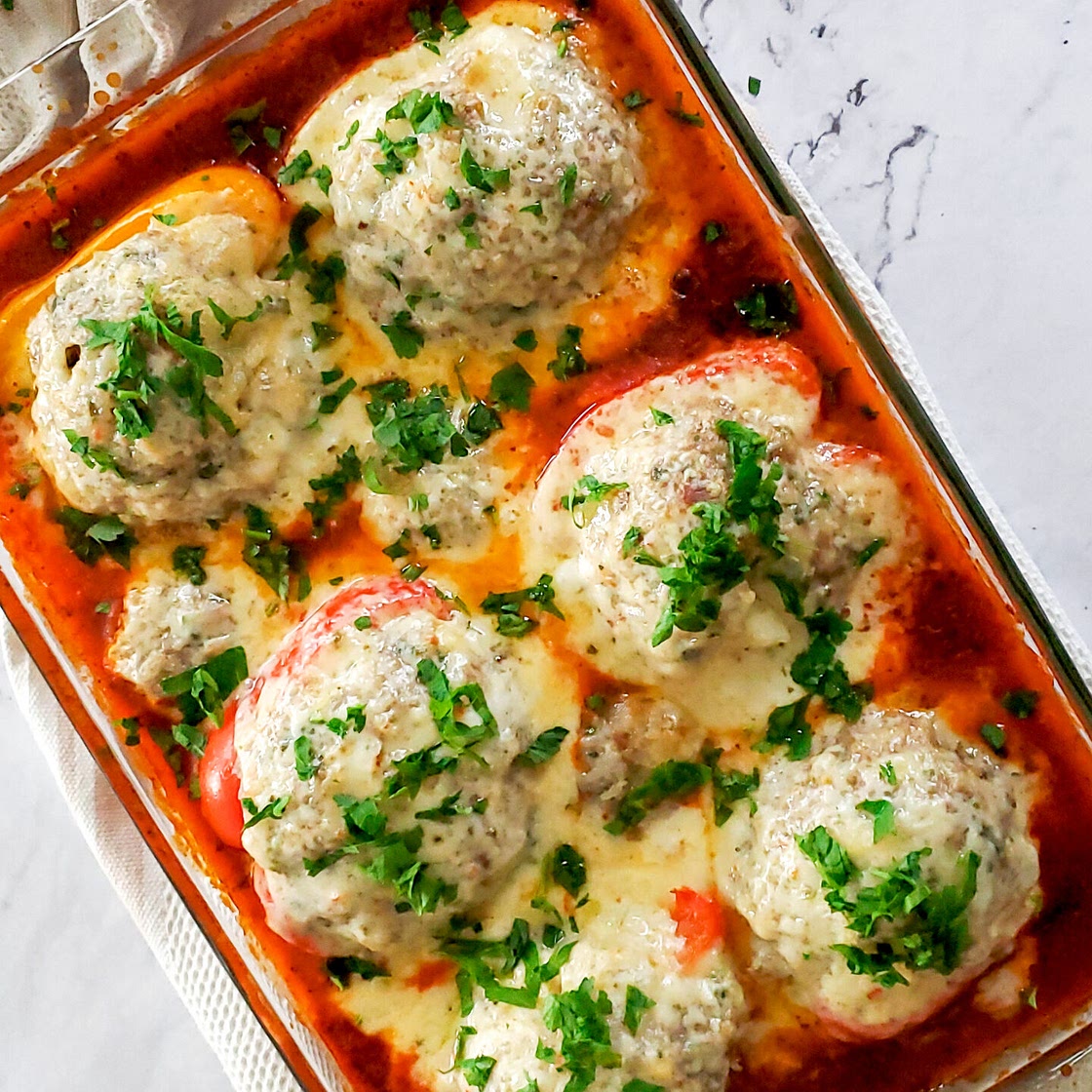 Stuffed Peppers with Pork, Caramelized Onions, and Jasmine Rice