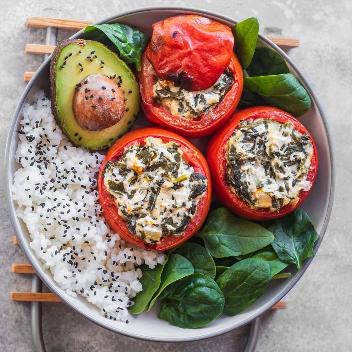 Vegan Stuffed Tomatoes With Creamed Spinach